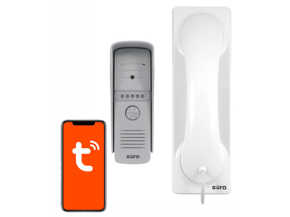 Wideodomofon EURA VDP-50A3W Czarny Wi-Fi unifon EURA ADA-50A3 wbudowany moduł Wi-Fi aplikacja Eura Connect na platformy Android iOS równoległe wywołanie na unifonie i smartfonie zdalnie odbierać połączenia z kasety zewnętrznej sterowanie ryglem fukcja monitora dowolna liczba smartfonów z aplikacją Eura Connect