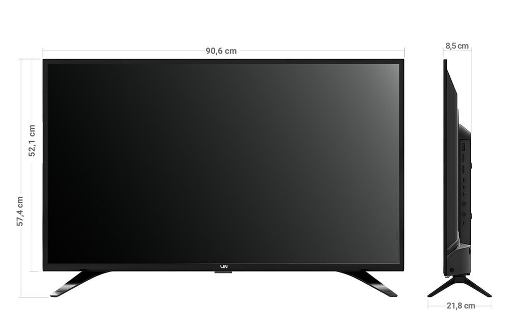 Telewizor LIN 40LFHD1200 Full HD 40 cali smukła obudowa wygodne użytkowanie, dwa ujęcia telewizora na jasnym tle