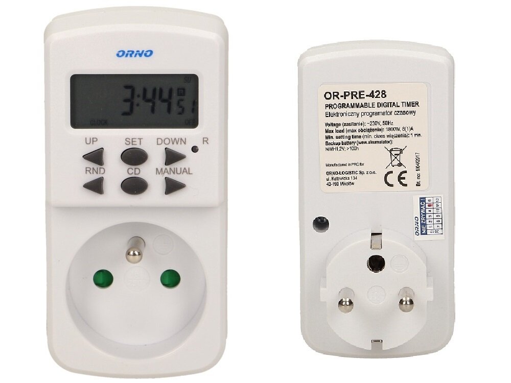 Gniazdko z programatorem ORNO OR-PRE-428 funkcjonalne urządzenie wyświetlacz LCD 10 programów 7 kombinacji dnia tygodnia funkcja count down możliwości ustawiania czasu letniego i zimowego