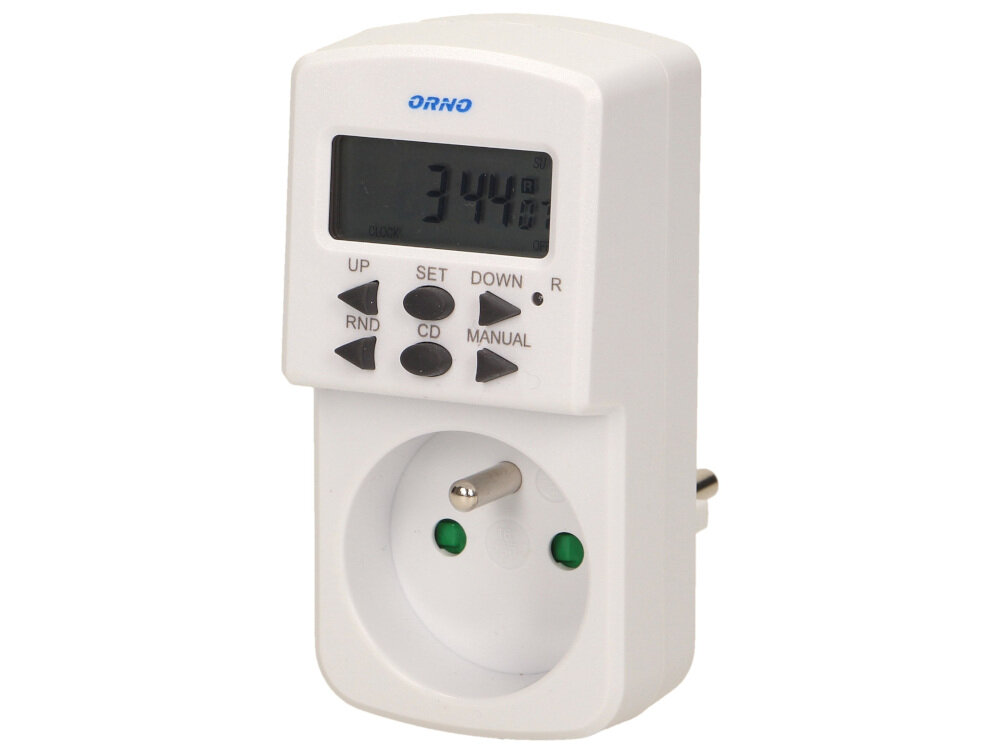 Gniazdko z programatorem ORNO OR-PRE-428 12 lub 24-godzinny tryb pracy możliwość ustawiania czasu letniego i zimowego duży wyświetlacz LCD czytelne przyciski