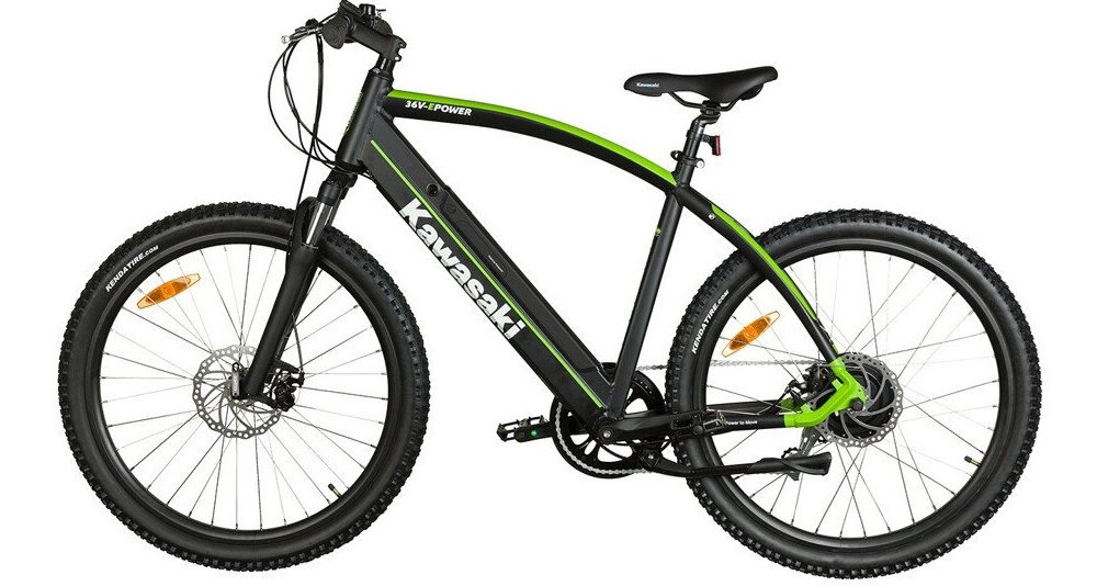 Rower elektryczny KAWASAKI KX-E-MTBFRONT-RBA M21 27.5 cala męski Czarny męski w czarnym kolorze liczne elementy poprawiające komfort użytkowania
