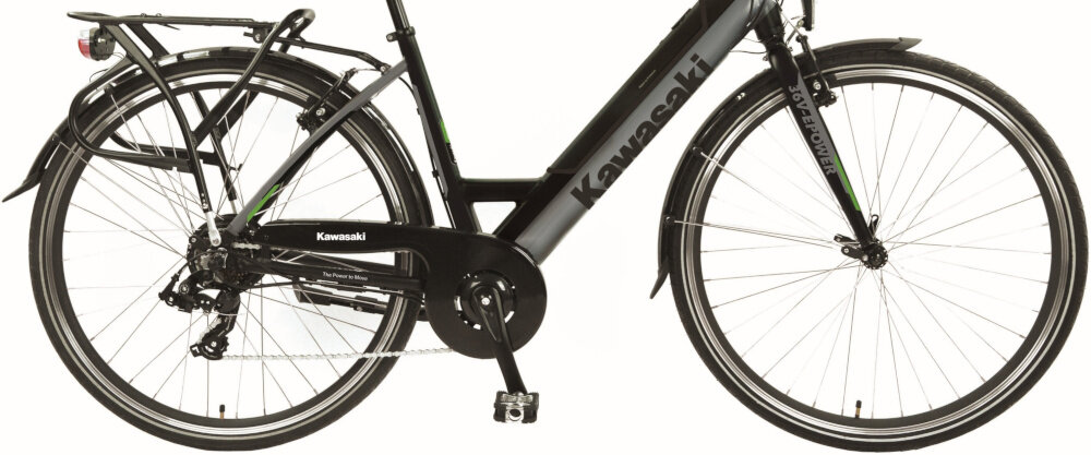 Rower elektryczny KAWASAKI Trekking Lady KX-E-TREKLADY51 D20 28 cali damski Czarny koła duże 28-calowe opony marki KENDA piast marki SHENGYI w obu kołach amortyzator na przód marki ZOOM