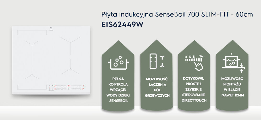 Obraz przedstawia płytę indukcyjną z logo producenta oraz cztery ikony z opisami funkcji: \'PEŁNA KONTROLA WRZĄCEJ WODY DZIĘKI SENSEBOIL\', \'MOŻLIWOŚĆ ŁĄCZENIA PÓL GRZEWCZYCH\', \'DOTYKOWE, PROSTE I SZYBKIE STEROWANIE DIRECTTOUCH\', \'MOŻLIWOŚĆ MONTAŻU W BLACIE NAWET 12MM\'.