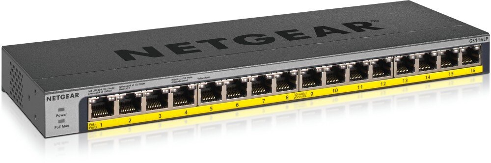 Switch NETGEAR GS116LP-100EUS Przełącznik sieciowy widoczny pod kątem od przodu, pokazujący rząd 16 numerowanych portów Ethernet oraz diody kontrolne po lewej stronie, z logo na górze, opis