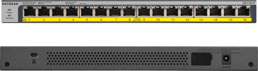 Switch NETGEAR GS116LP-100EUS Widok na przedni panel urządzenia z 16 numerowanymi portami Ethernet oraz tylny panel z gniazdem zasilania, portem Kensington Lock i otworami wentylacyjnymi, porty, konstrukcja, przeznaczenie