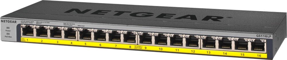 Switch NETGEAR GS116LP-100EUS Przełącznik sieciowy z rzędem 16 numerowanych portów Ethernet widoczny z perspektywy z góry i z boku, ukazujący panel przedni oraz górną obudowę z logo, zasilanie PoE, łączna moc, wytrzymałość, MTBF