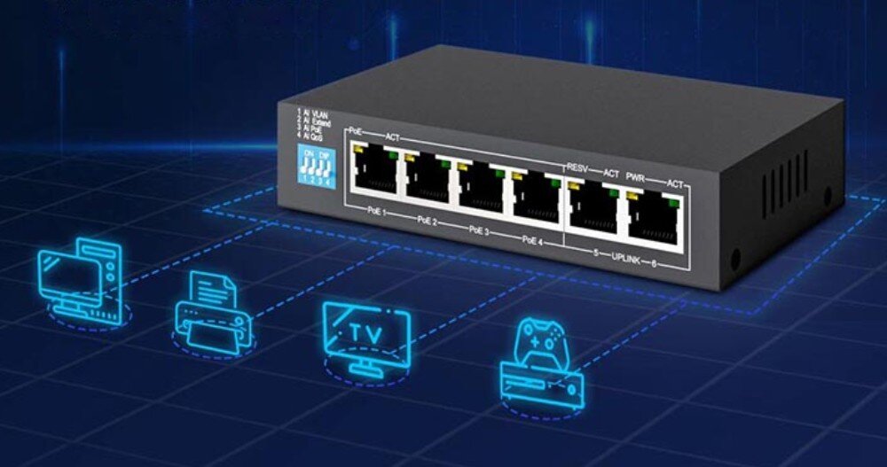 Switch EXTRALINK Euros V2 EX.14831 Ujęcie sześciuportowego switcha z widocznymi portami, wokół niego niebieskie ikony symbolizujące komputer, drukarkę, telewizor oraz konsolę
