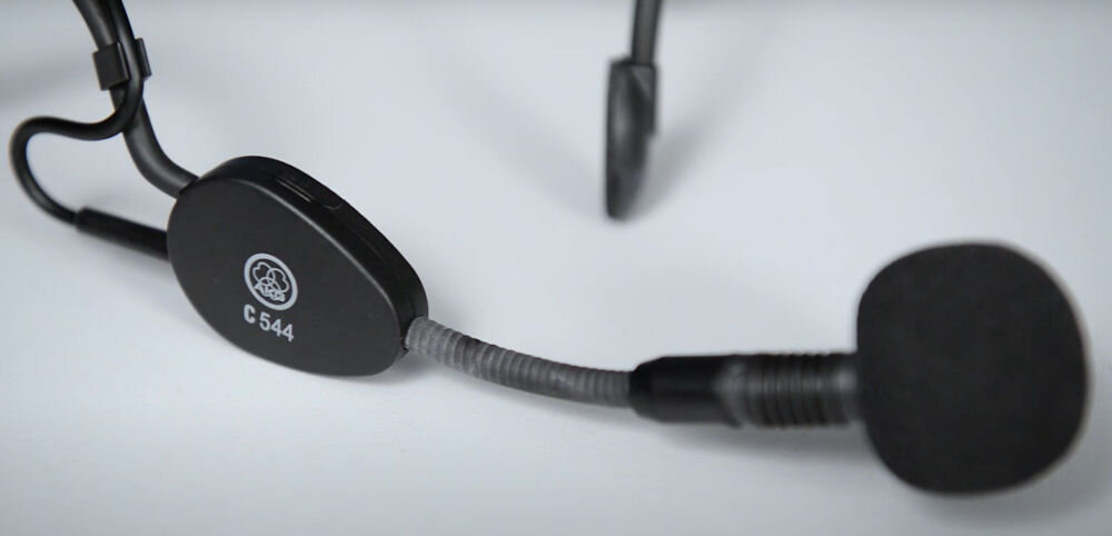 Zestaw bezprzewodowy AKG WMS45 Sport Set Band A zbliżenie na mikrofon nagłowny na szarym tle kardioidalna charakterystyka ograniczenie sygnałów z boku i tyłu skupienie się na głosie prowadzącego