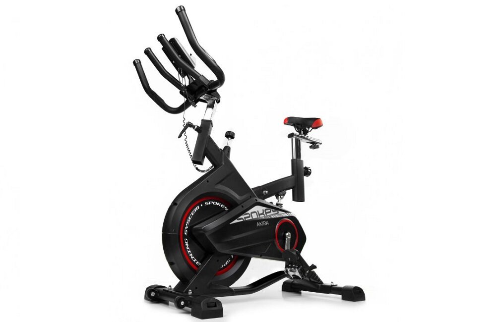 Rower spinningowy SPOKEY Akira do wykonywania domowego treningu Wysoka jakość mierzenie pulsu wbudowane kółka transportowe regulacja oporu