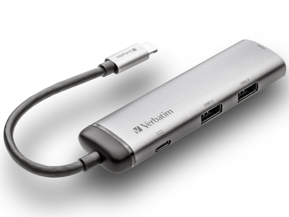 Hub VERBATIM 49140 USB Typu C
                hub na białym tle aluminiowa obudowa trwały lekki ułatwiony transport kompaktowa forma