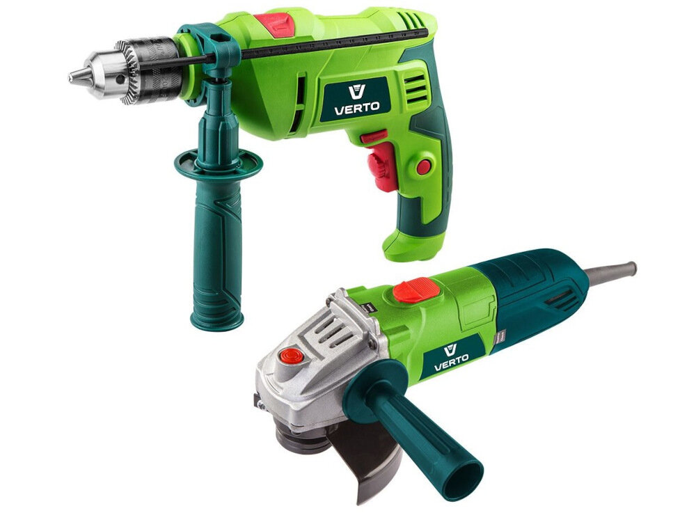 Zestaw elektronarzędzi VERTO 52G106 (wiertarka udarowa + szlifierka kątowa) komplet elektronarzędzi dla prawdziwych majsterkowiczów wiertarka udarowa szlifierka kątowa wydajność pracy niezawodność