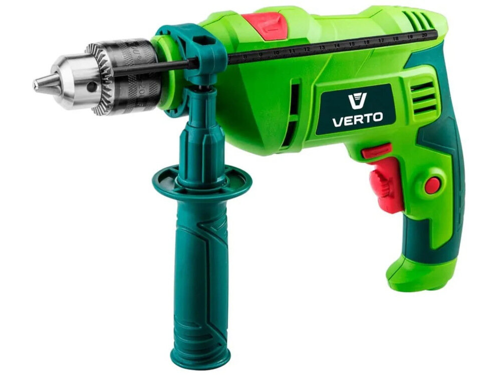 Zestaw elektronarzędzi VERTO 52G106 (wiertarka udarowa + szlifierka kątowa) wiertarka udarowa silnik szczotkowy moc 500 W maksymalna prędkość obrotowa do 3000 obr/min silnik odpoorny na przeciążenia funkcja blokada włącznika praca ze stałą prędkością w drewnie do 20 mm w metalu do 10 mm funkcja udaru częstotliwość udaru do 48000 ud/min praca w betonie  cegle do 13 mm