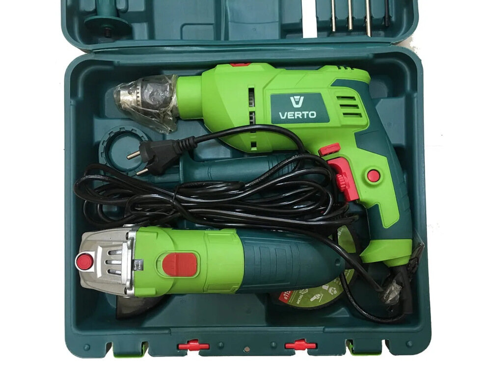 Zestaw elektronarzędzi VERTO 52G106 (wiertarka udarowa + szlifierka kątowa) wysokiej klasy sprzęt walizka transportowa z bardzo mocnego tworzywa sztucznego