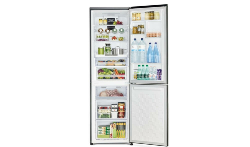 HITACHI-R-BG410PRU6X chłodziarka zamrażarka lodówka szerokość sterowanie elektroniczne rodzinna półki pojemniki szkło elegancja butelki oświetlenie ledowe szuflady no frost zmiana kierunku otwierania drzwi