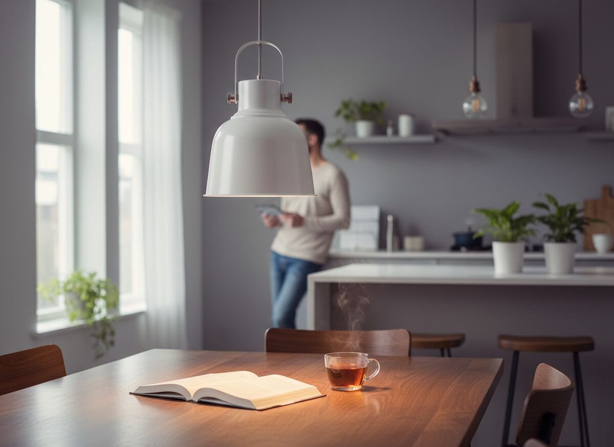 Lampa sufitowa ACTIVEJET Loly Biały, metal, miedź, detal, obudowa, Biała lampa nad drewnianym stołem w przytulnej jadalni