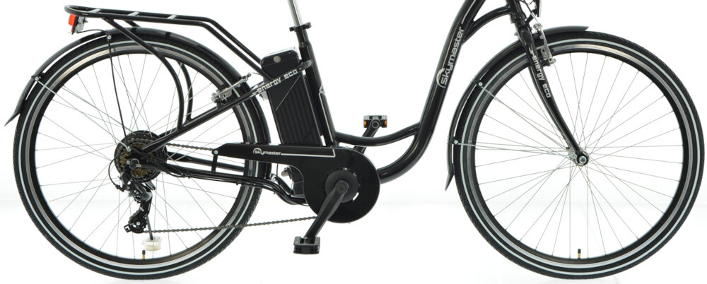 Rower elektryczny SKYMASTER Energy Eco 28 D17 28 cali damski Czarny duże 28-calowe koła opony DELI wytrzymałe na uszkodzenia tłumią drgania stalowe piasty błotniki