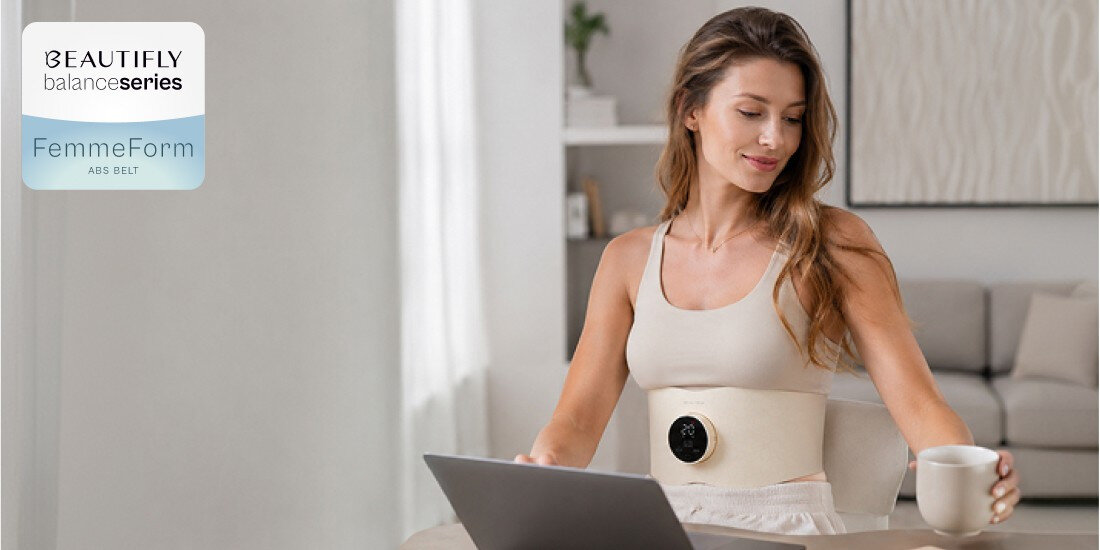 Elektrostymulator mięśni brzucha EMS BEAUTIFLY FemmeForm pas wyszczuplający z LED zdjęcie lifestyle Trzy technologie  elektrostymulację EMS, ciepło fototerapię światłem czerwonym 660 nm i bliską podczerwienią 850 nm