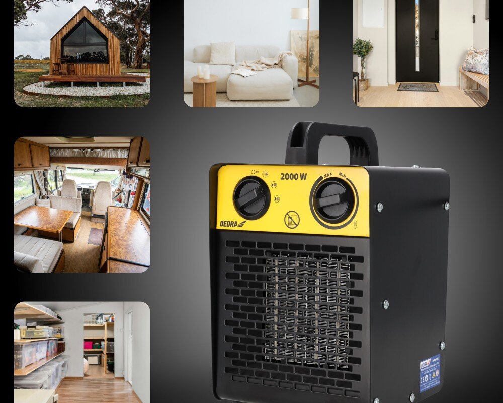 Nagrzewnica elektryczna DEDRA DED9930C1, ceramiczny, PTC, ciepło, nawiew, Dedra DED9930C1 na prezentacji z ikonami – domek, salon, wejście, kamper, schowek, warsztat.