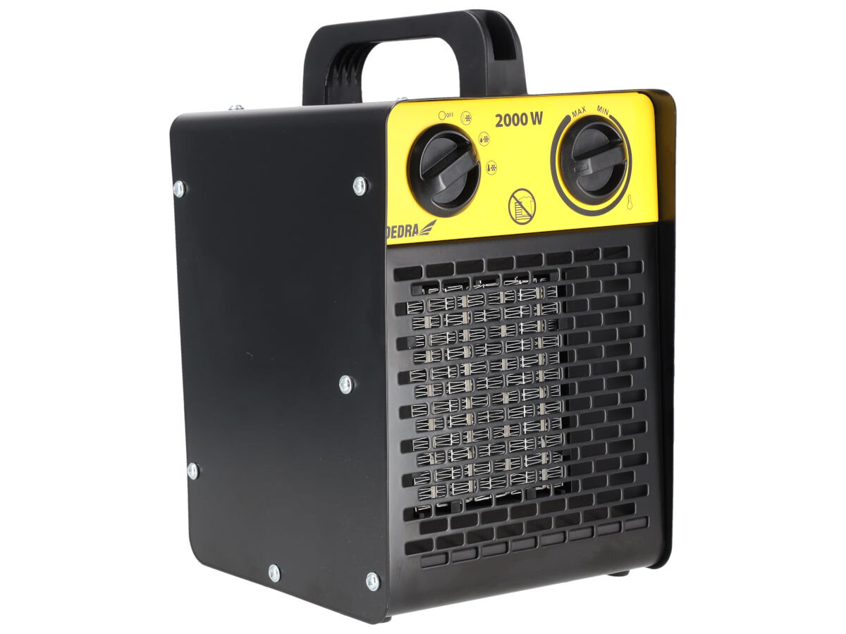 Nagrzewnica elektryczna DEDRA DED9930C1, ceramika, szybkość, komfort, dodatkowo, Nagrzewnica Dedra DED9930C1 z żółtym panelem, widok z boku, czarna metalowa obudowa.