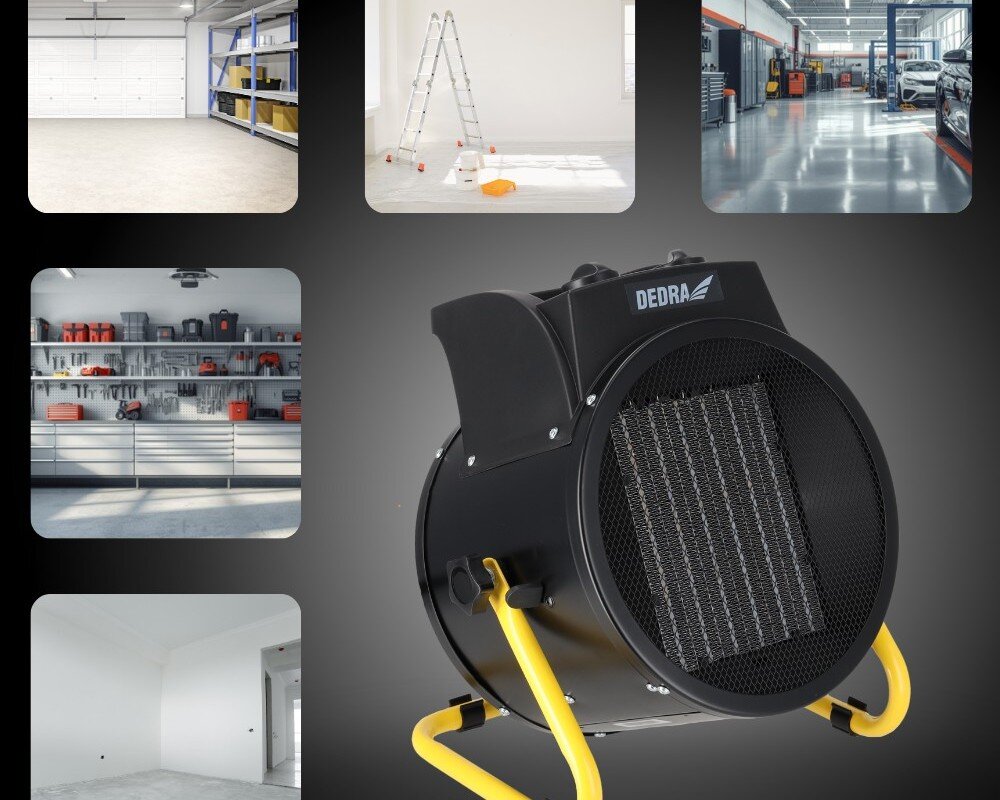 Nagrzewnica elektryczna DEDRA DED9932C, ciepło, ptc, nawiew, ogrzewanie, Nagrzewnica Dedra DED9932C prezentowana na tle ikon: garaż, remont, warsztat, hala, magazyn.