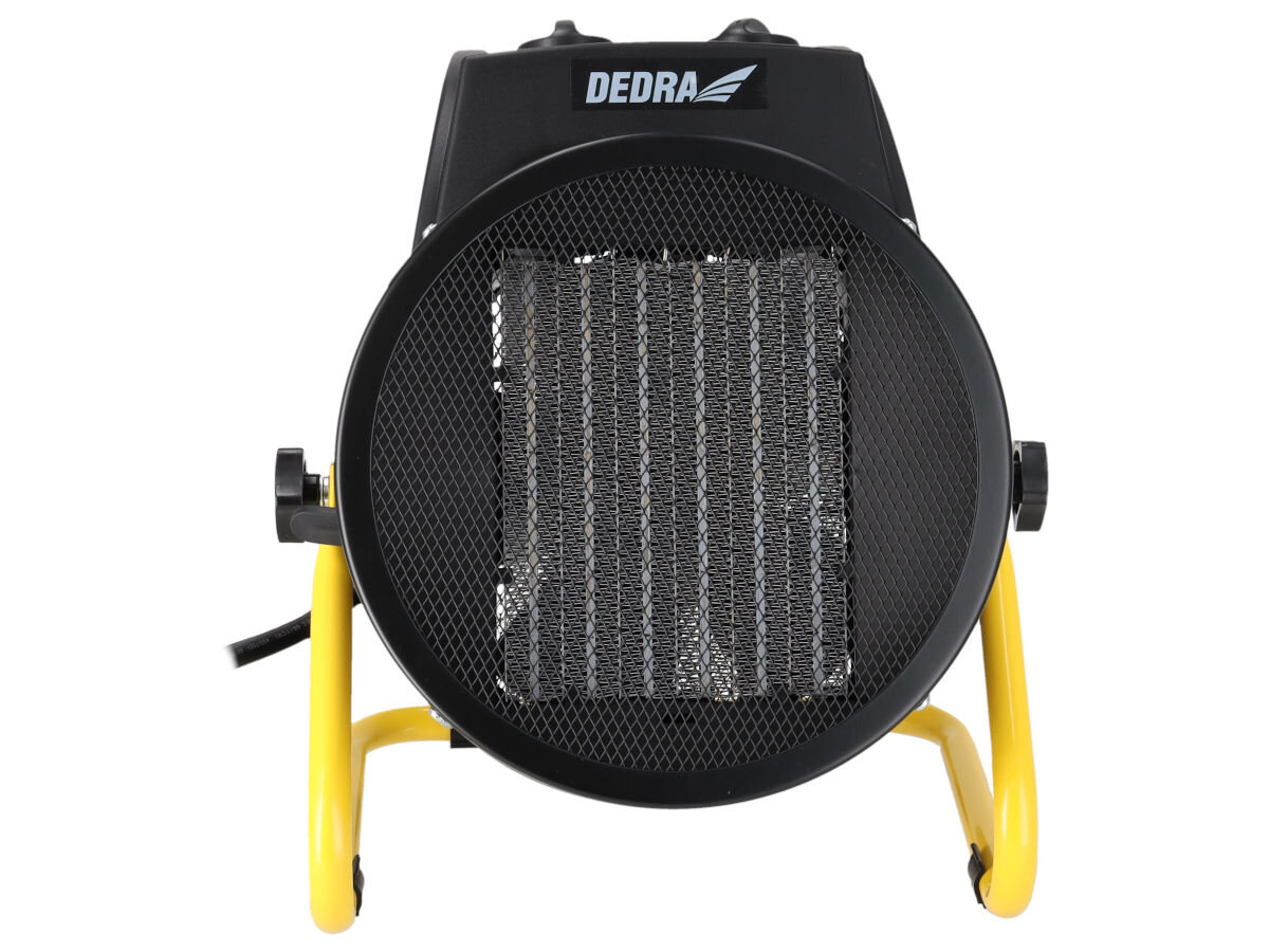 Nagrzewnica elektryczna DEDRA DED9932C, ceramika, komfort, szybko, użytkowe, Widok z przodu nagrzewnicy DED9932C – okrągła siatka, żółty stojak, czarny panel PTC.
