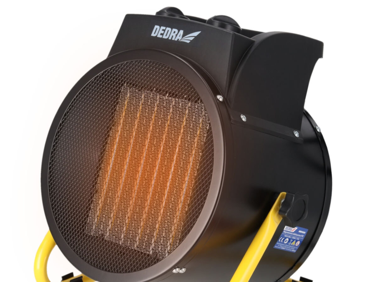 Nagrzewnica elektryczna DEDRA DED9932C, ceramiczny, szybkość, stabilność, ergonomia, Rozgrzany ceramiczny panel grzewczy Dedra DED9932C, duża siatka ochronna i żółty stelaż.