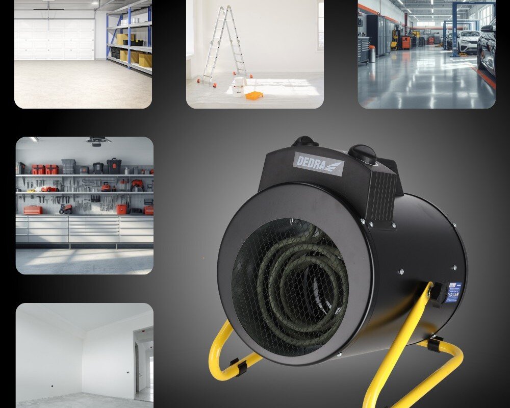 Nagrzewnica elektryczna DEDRA DED9932B, 50, szybkie, ogrzewanie, nawiew, Nagrzewnica DED9932B na tle kolażu z wizualizacjami zastosowań – warsztat, dom, garaż, hala.