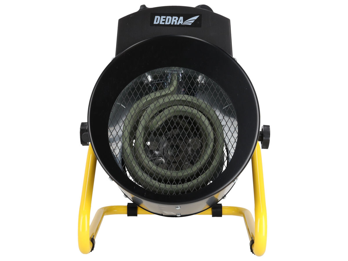 Nagrzewnica elektryczna DEDRA DED9932B, 5000W, powierzchnia, komfort, intensywność, Widok frontowy nagrzewnicy DED9932B – spiralna grzałka, żółte pałąki, czarna obudowa, siatka.