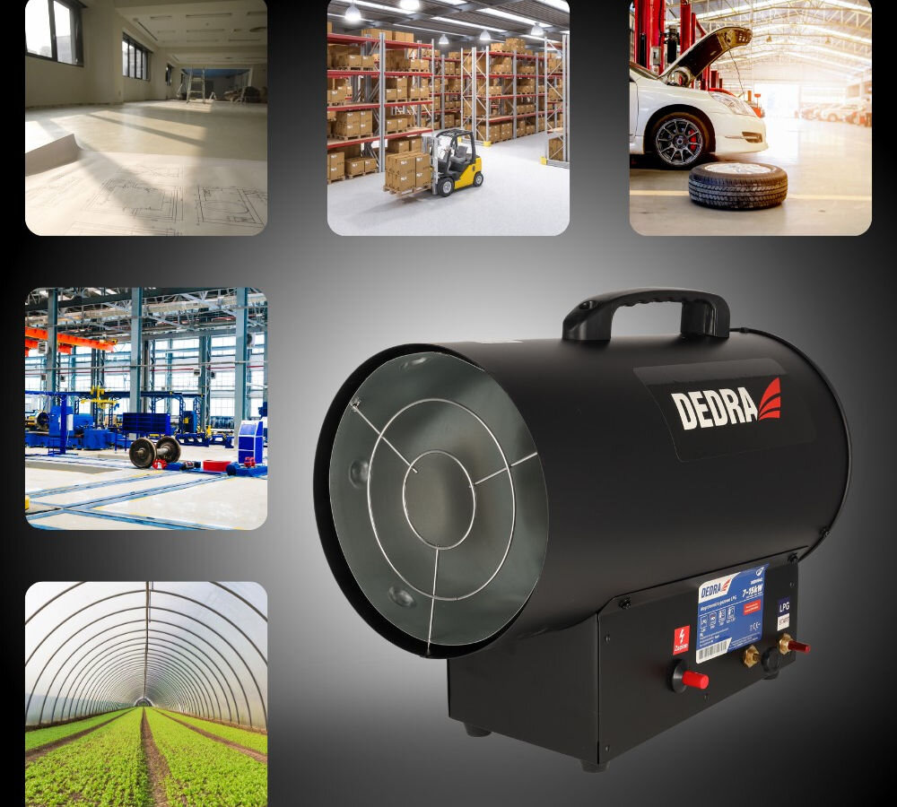 Nagrzewnica gazowa DEDRA DED9942, ogrzewanie, nawiew, wentylacja, gaz, Dedra DED9942 na tle ciemnym, wokół przykładowe zastosowania: biuro, magazyn, warsztat, hala, tunel.