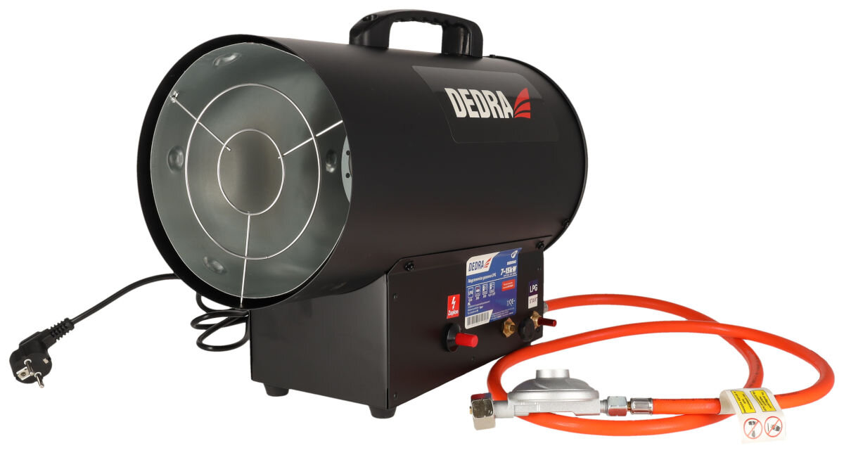 Nagrzewnica gazowa DEDRA DED9942, moc, wydajność, regulacja, dystrybucja, Dedra DED9942 z przewodem gazowym i reduktorem, widok lekko z boku, kabel sieciowy z lewej.