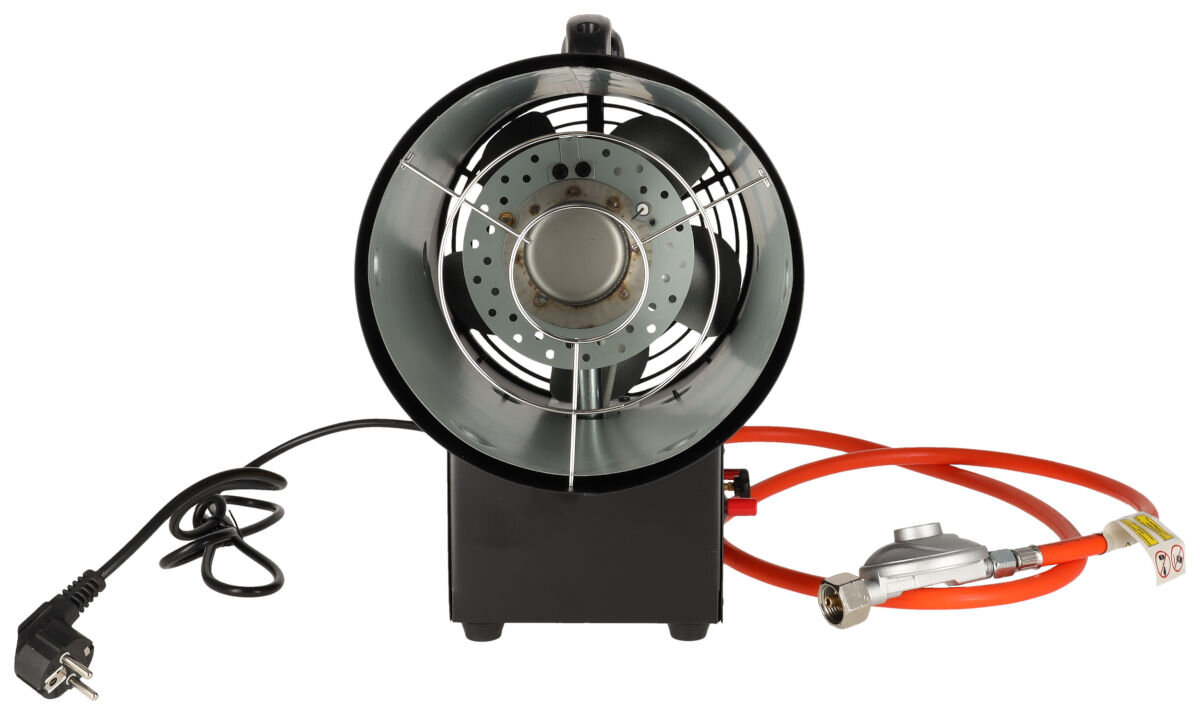 Nagrzewnica gazowa DEDRA DED9942, propan, butan, reduktor, mobilność, Widok czołowy nagrzewnicy Dedra DED9942 z wentylatorem, przewodem gazowym i reduktorem.