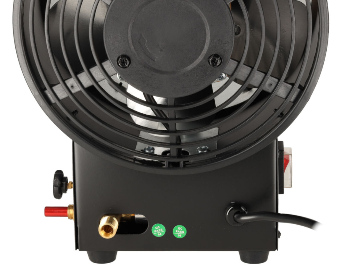 Nagrzewnica gazowa DEDRA DED9942, elektryczny, wentylator, cyrkulacja, wydajność, Widok wentylatora z tyłu nagrzewnicy, kratka zabezpieczająca, wyjścia gazowe i elektryczne.