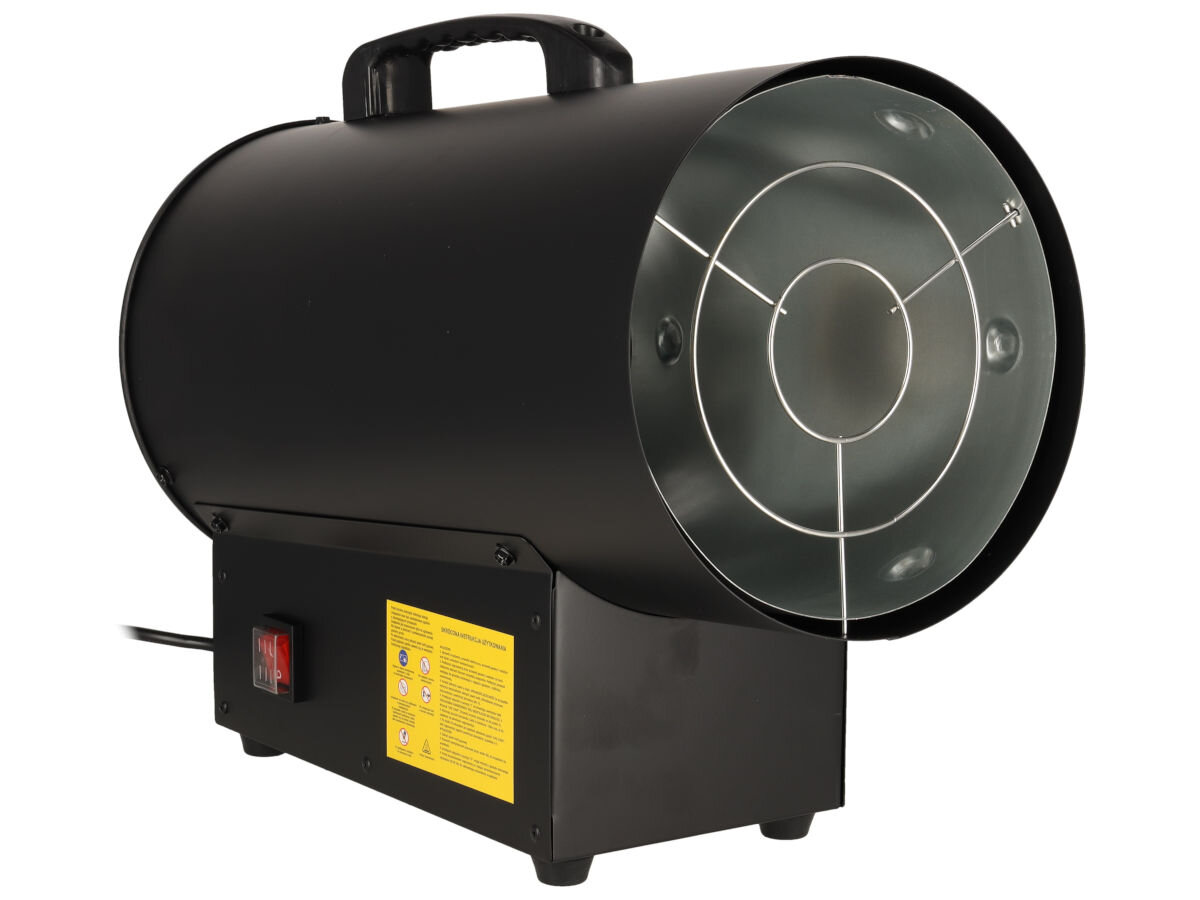 Nagrzewnica gazowa DEDRA DED9942, piezo, regulacja, uchwyt, lekkość, Bok nagrzewnicy Dedra z uchwytem, widoczny wylot, żółta naklejka z instrukcją.