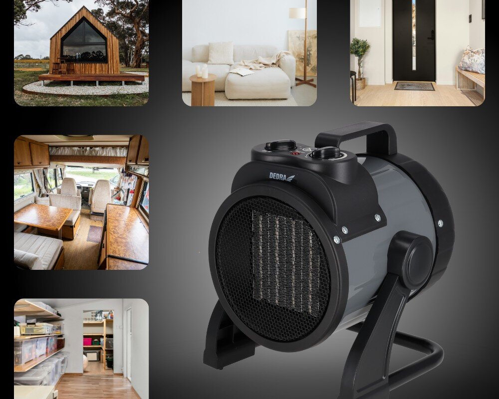 Nagrzewnica elektryczna DEDRA DED9930C2, technologia, PTC, cermika, ciepło, Dedra DED9930C2 na czarnym tle, prezentacja zastosowań – domek letniskowy, salon, wejście, garaż.