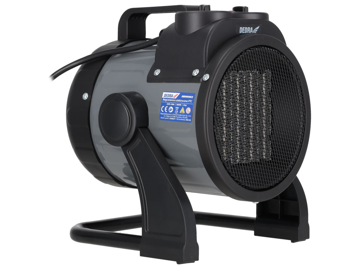 Nagrzewnica elektryczna DEDRA DED9930C2, ceramika, 20m², cyrkulacja, komfort, Ceramiczna nagrzewnica Dedra DED9930C2, widok boczny, metalowy pałąk, etykieta, przewód.