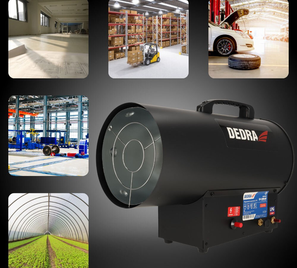 Nagrzewnica gazowa DEDRA DED9946, ogrzewanie, ciepło, gaz, Reduktor, Dedra DED9946 na czarnym tle, wokół przykładowe zastosowania – biuro, magazyn, warsztat, garaż, tunel foliowy.