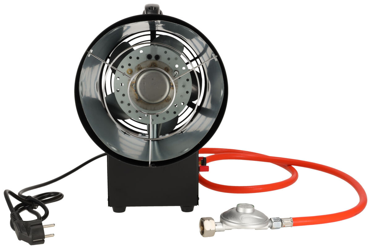 Nagrzewnica gazowa DEDRA DED9946, wydajność, moc, wentylator, 300m², Dedra DED9946 z przodu, podłączony przewód gazowy, reduktor i kabel zasilający.