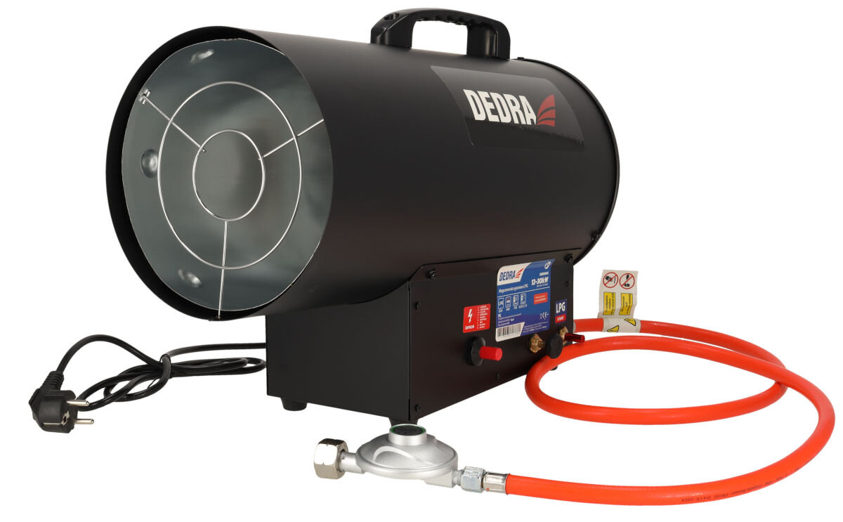 Nagrzewnica gazowa DEDRA DED9946, propan, butan, ekonomia, mobilność, Nagrzewnica gazowa Dedra z przewodem i reduktorem, widok z boku, czarna obudowa, mocny uchwyt.