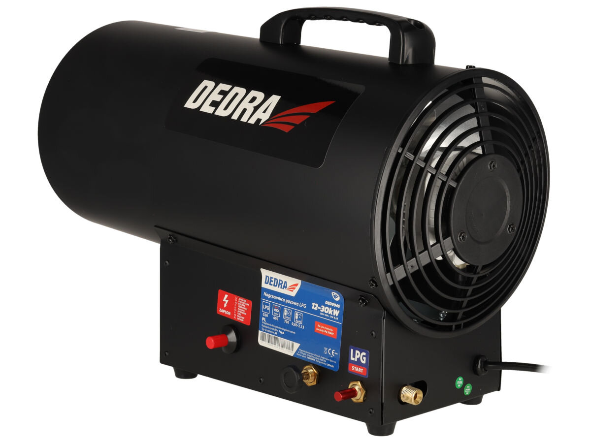 Nagrzewnica gazowa DEDRA DED9946, regulacja, zapłon, wentylacja, oszczędność, Widok wentylatora z tyłu nagrzewnicy Dedra, kratka zabezpieczająca, ciemne tło.