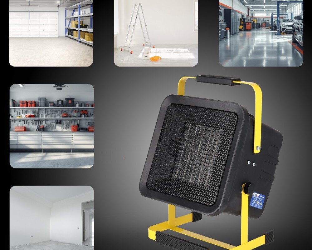 Nagrzewnica elektryczna DEDRA DED9931C3, nawiew, ciepło, ogrzewanie, pomieszczenia, Dedra DED9931C3 na czarnym tle z ikonkami zastosowania – garaż, warsztat, remont, hala, magazyn.