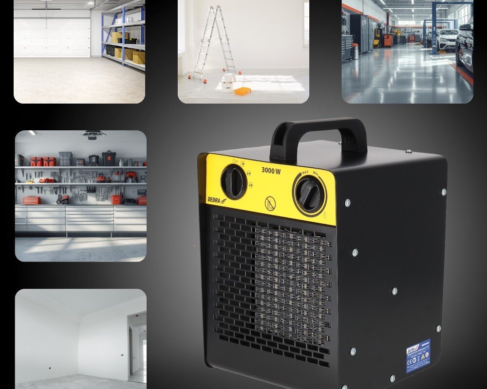 Nagrzewnica elektryczna DEDRA DED9931C1, PTC, grzałka, ciepło, nawiew, Dedra DED9931C1 na tle wizualizacji zastosowań – garaż, kamper, warsztat, wejście, salon.