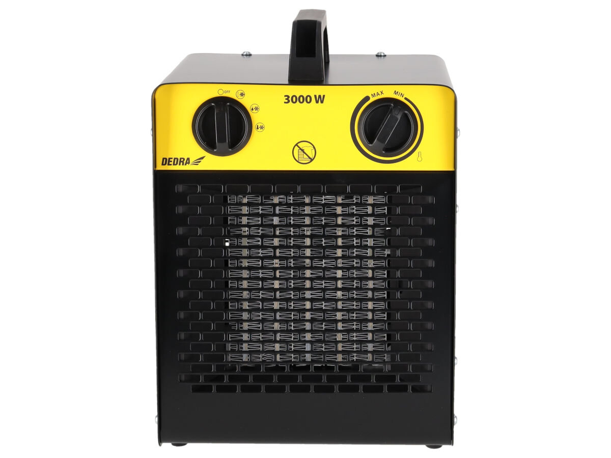 Nagrzewnica elektryczna DEDRA DED9931C1, ceramika, natychmiast, komfort, wsparcie, Widok z przodu na grill i uchwyt nagrzewnicy Dedra DED9931C1, siatka oraz żółty panel mocy.