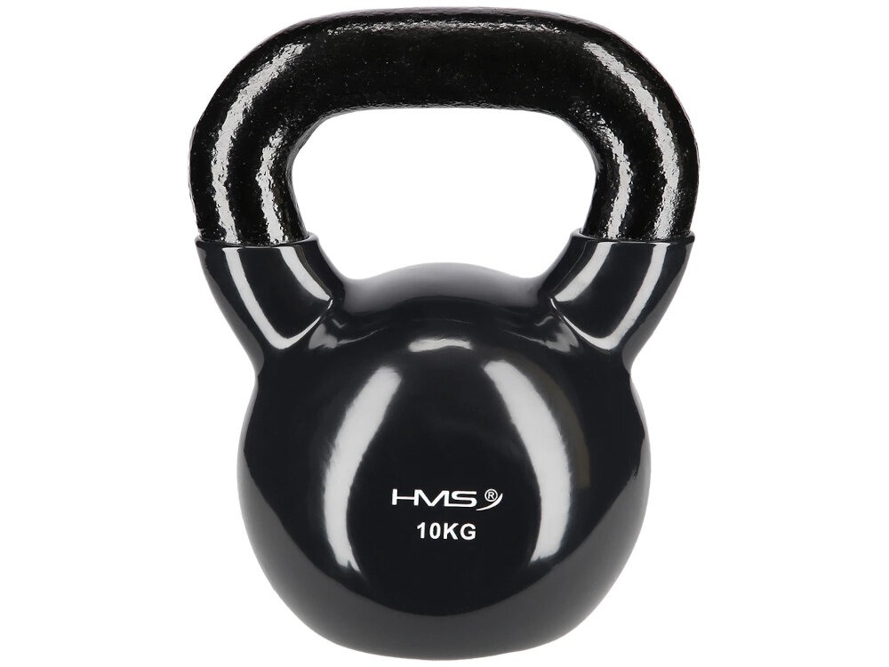 Kettlebell HMS KNV10 (10 kg) kettlebell na białym tle widoczny od przodu waga 10 kg kompleksowy trening siłowy i kondycyjny w domu lub siłowni ćwiczenia wielostawowe angażują mięśnie całego ciała wspomaga spalanie kalorii kształtuje sylwetkę wzmacnia mięśnie ramion nóg i tułowia lepsza sprawność w codziennych aktywnościach