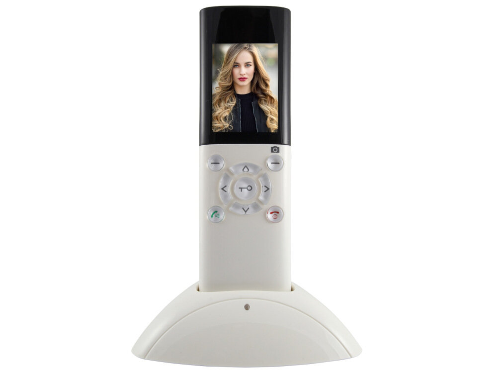 Zestaw wideodomofonowy EURA WVP-02A6 Srebrno-biało-czarny unifon sluchawkowy baza ladujaca wbudowany wyswietlacz LCD rozdzielczosc 320 x 240 pikseli wbudowana pamiec do 100 zdjec bateria Li-Ion 3,7 V/1100 MAh