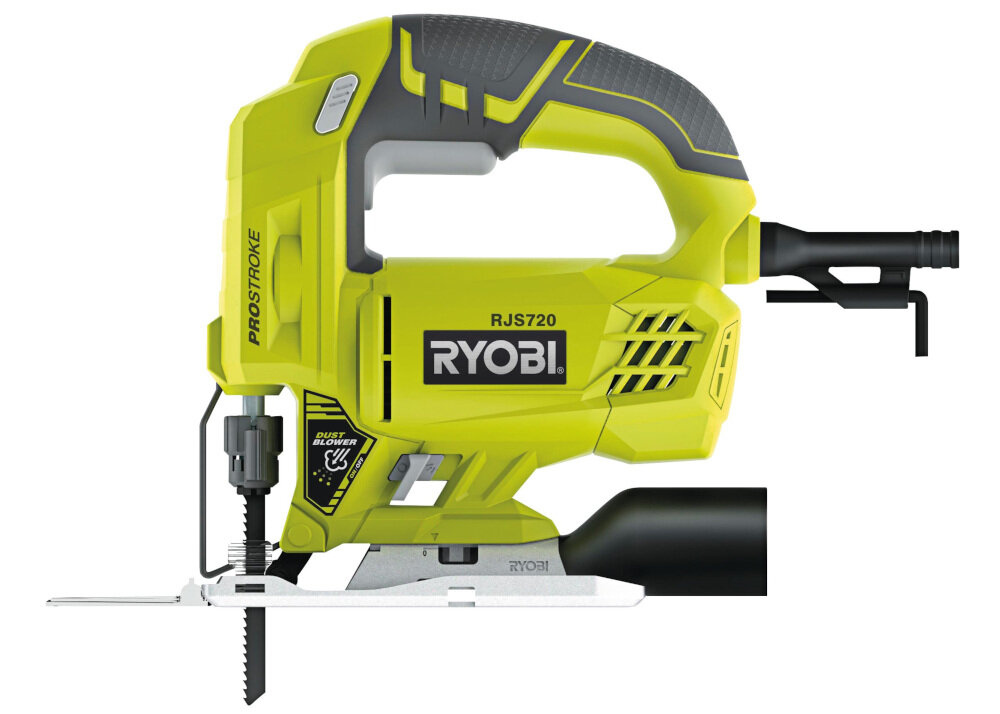 Wyrzynarka RYOBI RJS720-G komfort duża moc szeroki zakres zastosowań trwała poręczna do użytku domowego w warsztacie do wycinania skomplikowanych kształtów w drewnie i stali