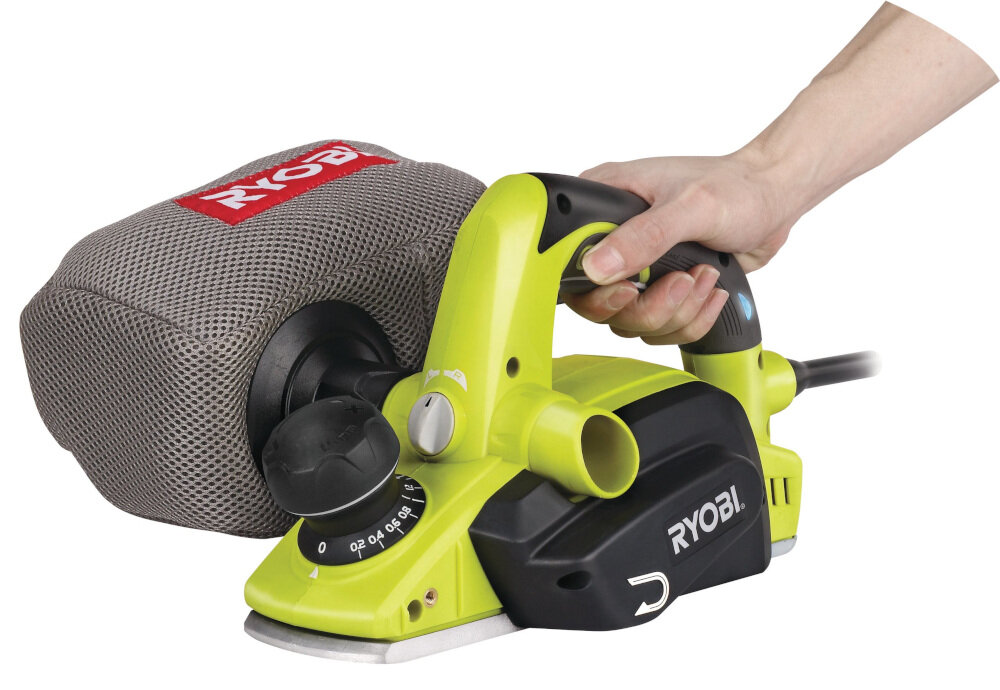 Strug RYOBI EPN6082CHG silnik wydajny moc 600 W struganie na głębokości do 8 mm do strugania fazowania krawędzi usuwania powłok z twardego i miękkiego drewna maksymalna prędkość obrotowa do 16000 obr/min miękka gumowana okładzina