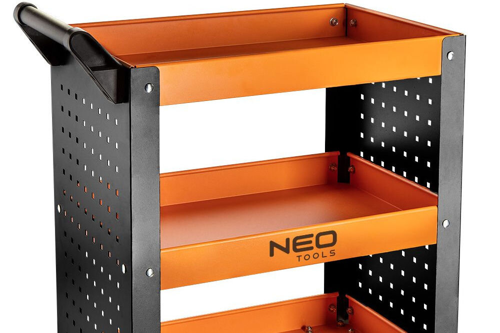 Wózek warsztatowy NEO stalowy korpus półki udźwig 130 kg perforowane ściany haki do akcesoriów