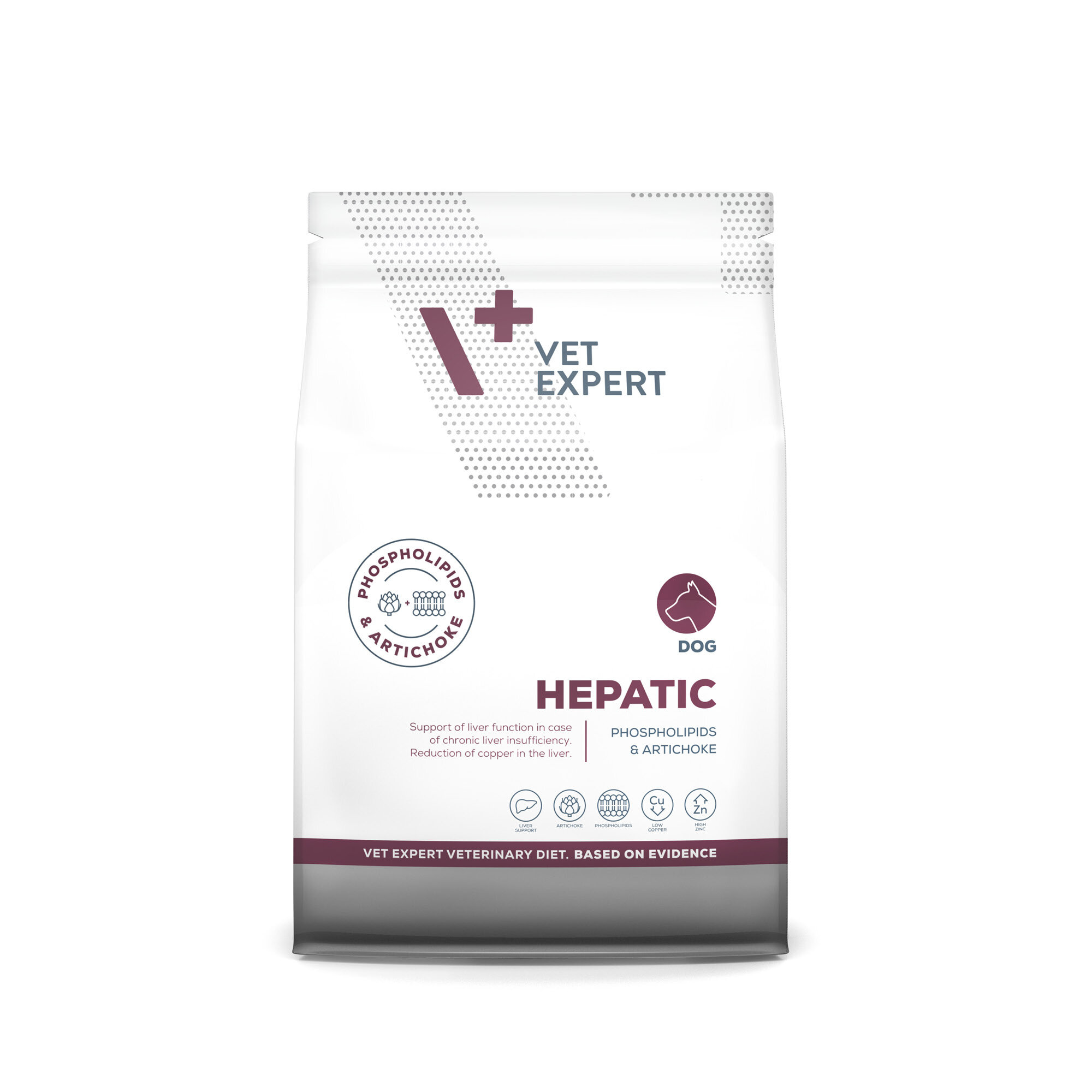 Opakowanie suchej karmy weterynaryjnej dla psów marki Vet Expert o nazwie Hepatic. Na opakowaniu widnieje napis: \'PHOSPHOLIPIDS & ARTICHOKE\' oraz ikona psa z napisem \'DOG\'.