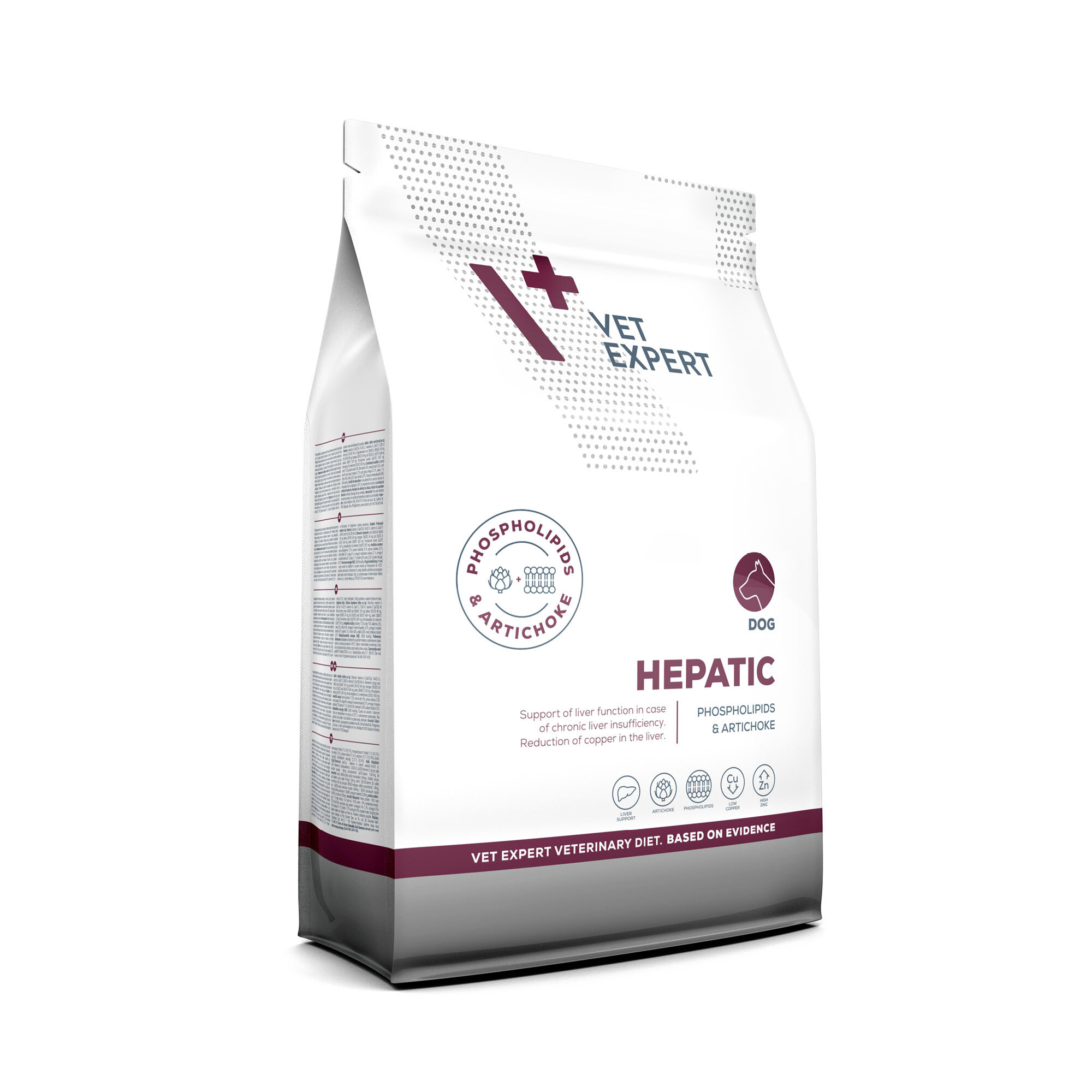 Opakowanie suchej karmy weterynaryjnej dla psów marki Vet Expert o nazwie Hepatic. Na opakowaniu widnieje napis \'PHOSPHOLIPIDS & ARTICHOKE\' oraz ikony związane z funkcjami produktu.
