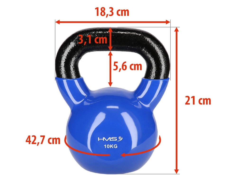 Kettlebell HMS KNV10 (10 kg) Niebiesko-czarny kettlebell na białym tle widoczny od przodu czerwone strzałki pokazujące wymiary wysokość 21 cm, szerokość 18,3 cm oraz obwód 42,7 cm wygodny, pewny chwyt i pełna kontrola podczas ćwiczeń zbalansowana konstrukcja ułatwia prowadzenie ruchu rośnie precyzja techniki bezpieczeństwo treningu w domowej przestrzeni na siłowni